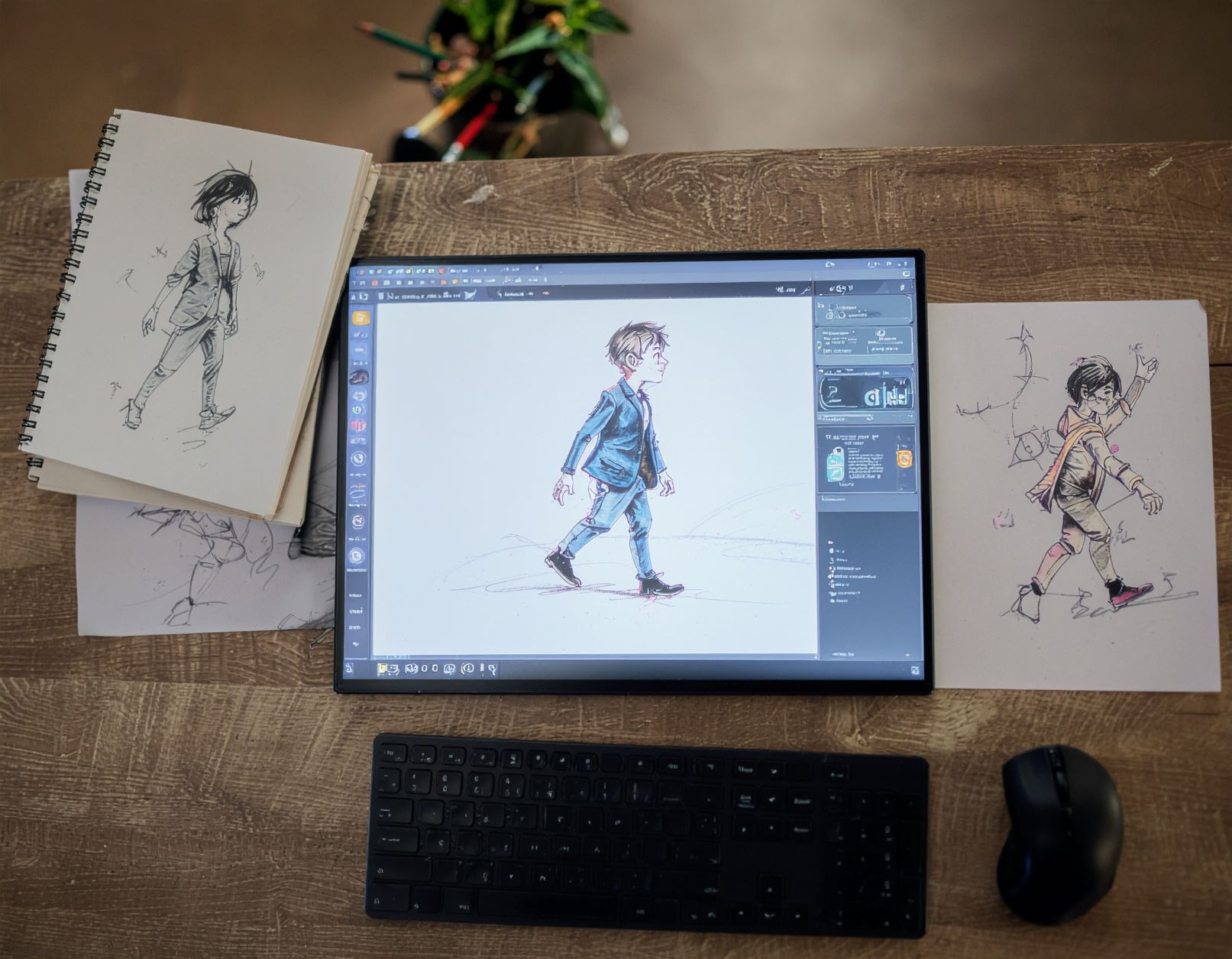 A wooden table with a drawing tablet on top, surrounded by different character sketches on paper. A wooden table with a drawing tablet on top, surrounded by different character sketches on paper.
