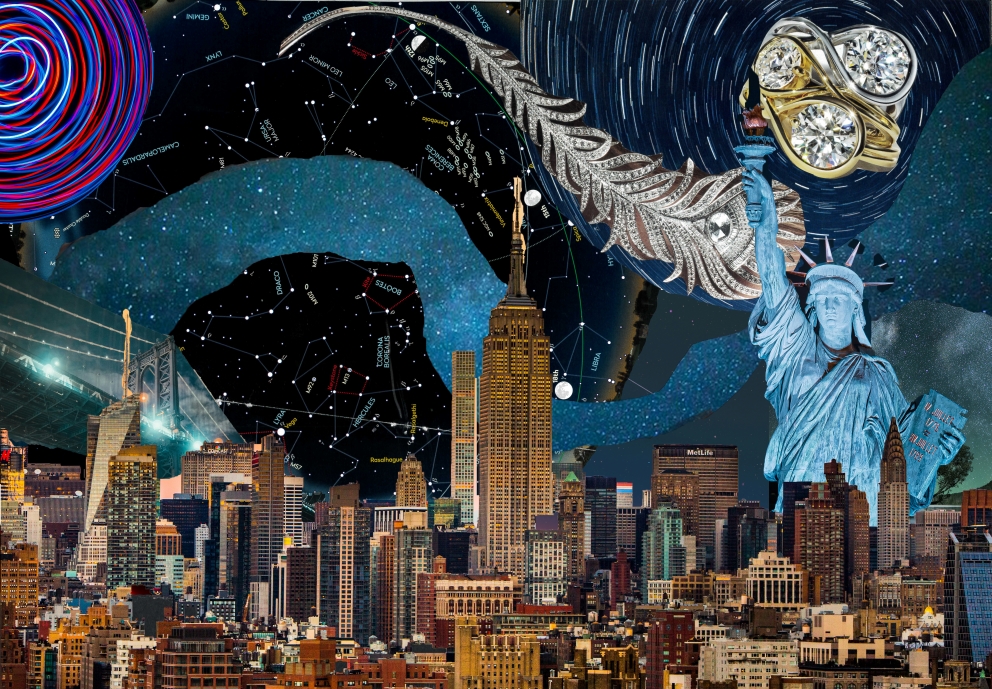 A digital collage showing the statue of liberty, a starry night sky and a city skyline. A digital collage showing the statue of liberty, a starry night sky and a city skyline.