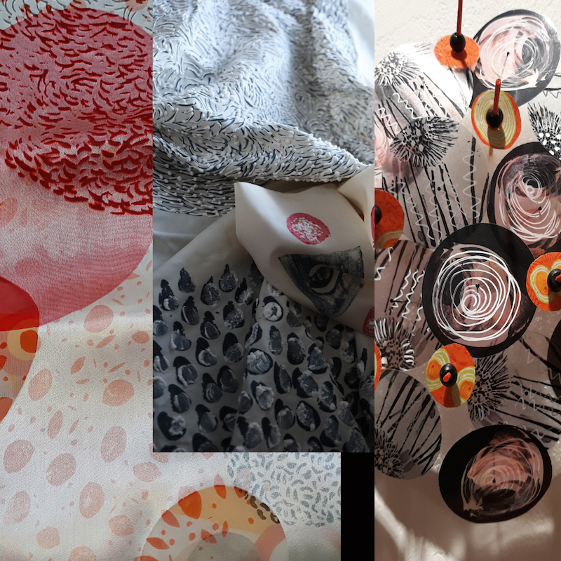 A collage image of various works by textiles artist Kas Williams