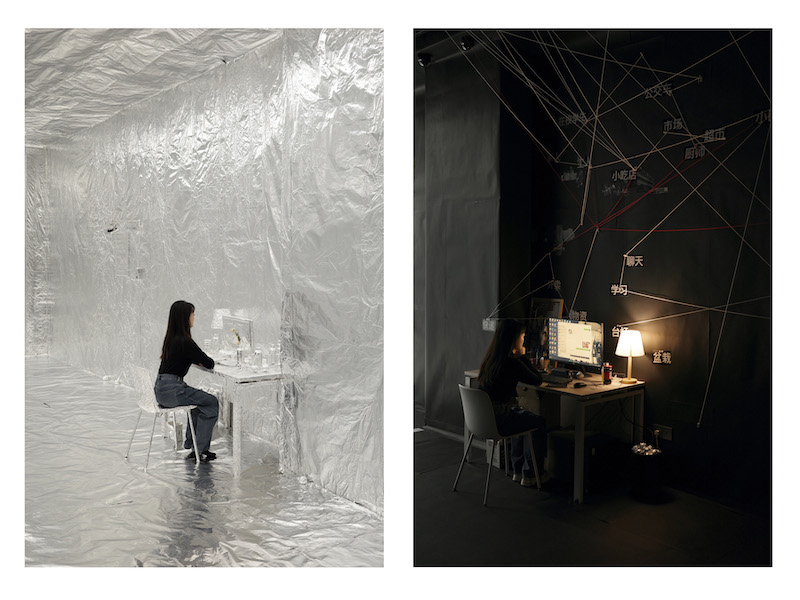 Two images side by side showcasing the exhibtion, one showing a woman sitting within a room wrapped in tin foil and the second showing a woman sitting at a computer in the dark