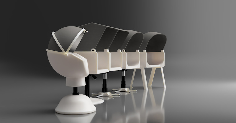 A row of the chairs designed by Nathan Spiers to help autistic children with sensory overload