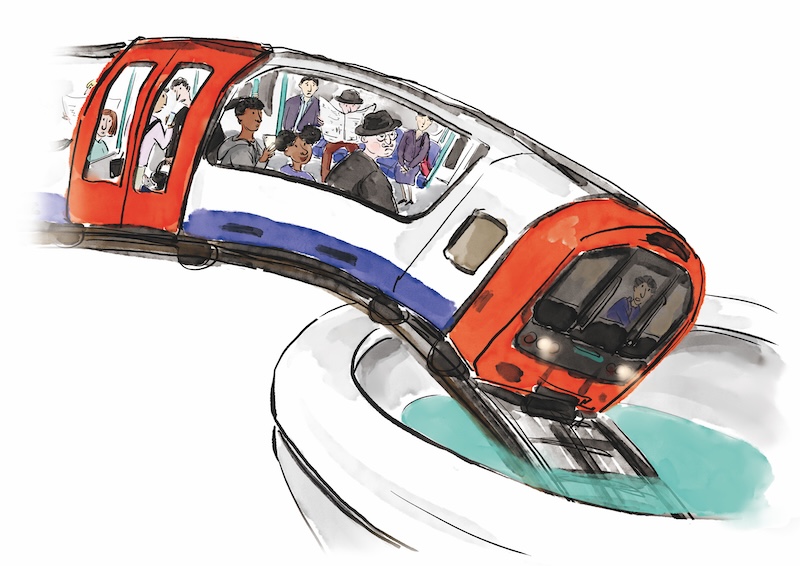 Waterloo and City line in 'Wonderground'. Illustrated by Stephanie Zhao